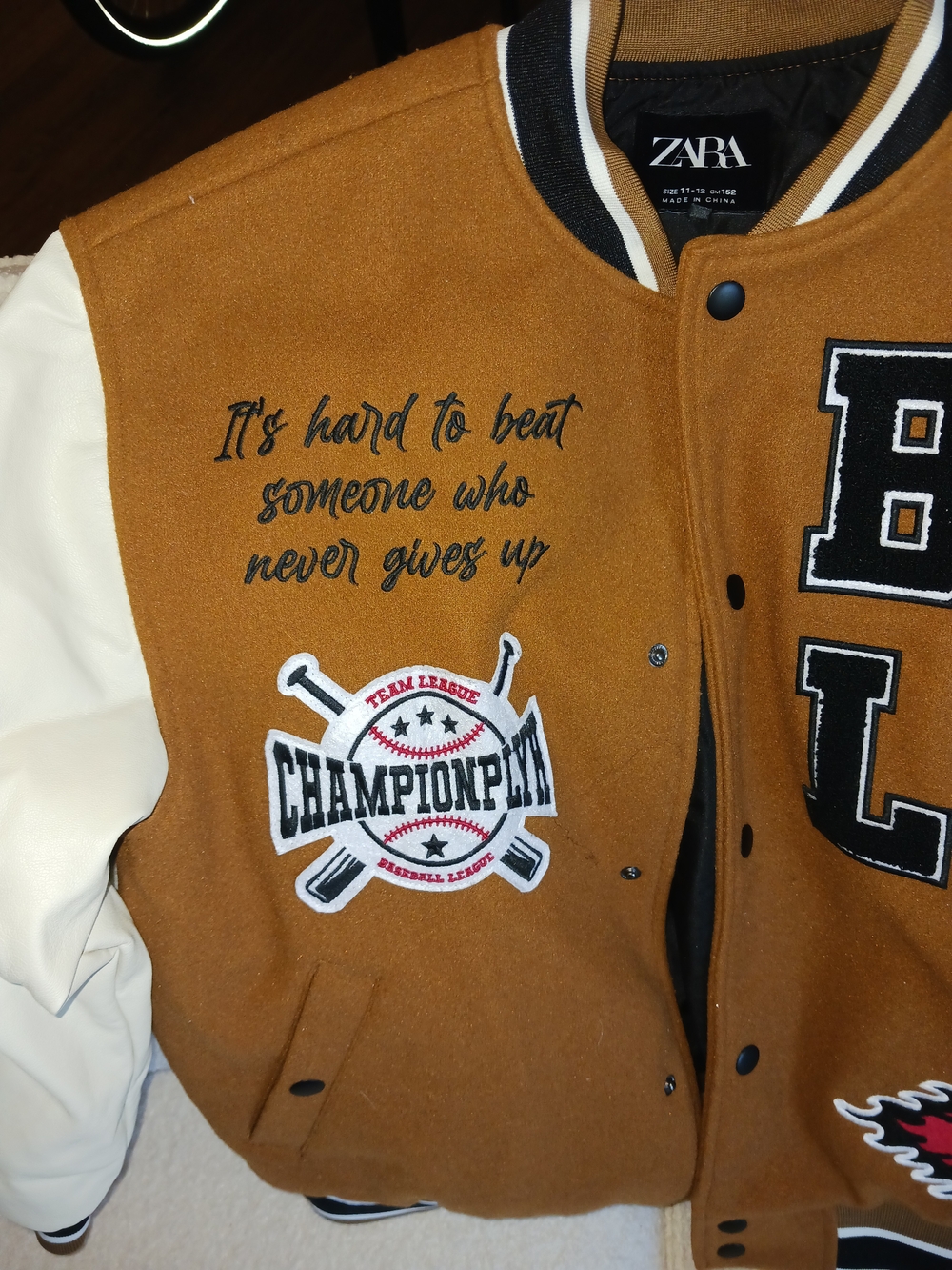 Zara Brown and Cream Varsity Bomber Jacket with Patches